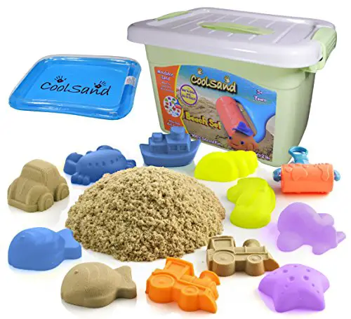 CoolSand Deluxe Bucket - Beach Edition - Set Includes: 2 Pound Moldable Indoor Play Sand, Shaping Molds, Inflatable Sandbox & Storage Bucket