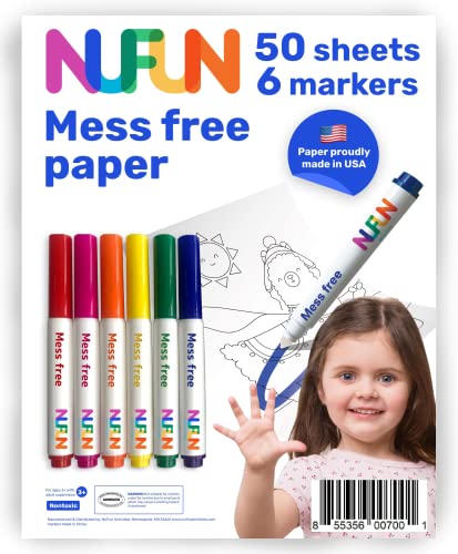 NuFun Activities Mess Free Set - Kids Create No Mess Wonders with Special Coloring Paper, Gift for Toddlers and Kids, 50 Blank Pages and 6 Markers