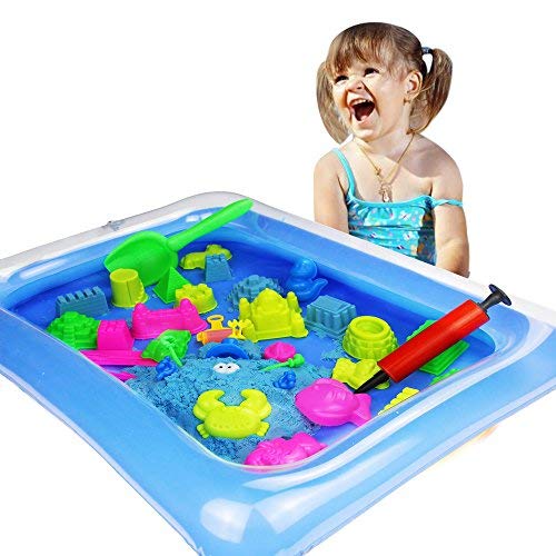 ZUZU BOOM Play Sand and Sand Molds Kit - Including Moon Sand 2LB(Blue) Inflatable Tray, Storage Box, 50 Pieces Magic Sand Molds - Deluxe Castle Set (Blue)