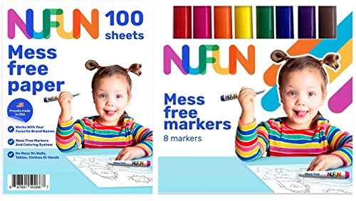 NuFun Activities Mess Free Bundle - Kids Create No Mess Wonders with Special Coloring Paper, Gift for Toddlers and Kids, 100 Blank Pages and 8 Markers