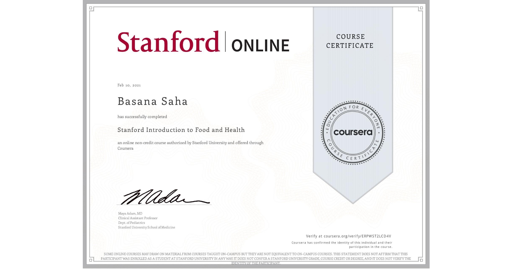 Basana's Stanford certificate on Food and health