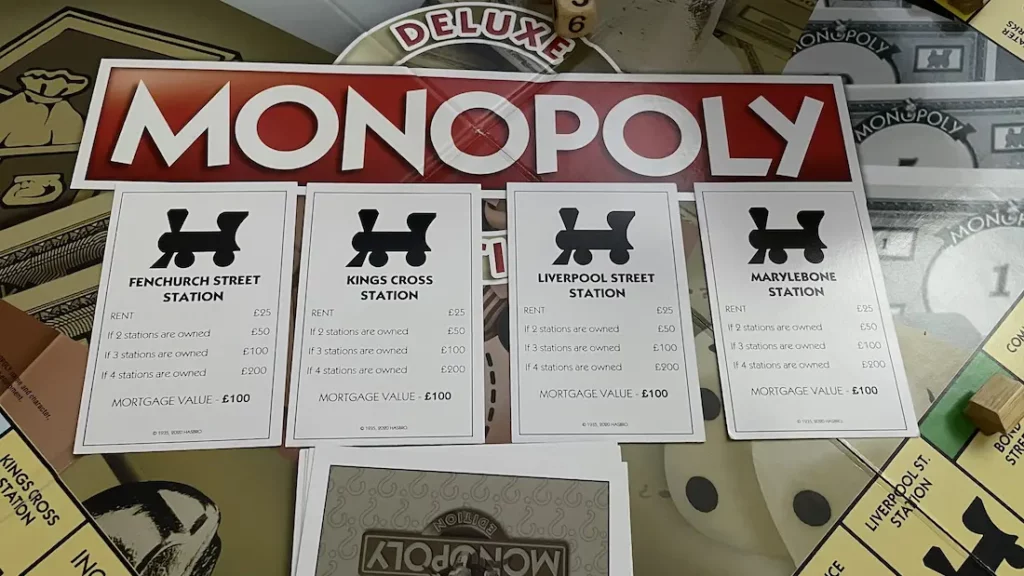 Image of Monopoly Railroad Deeds Showing Cost, Rent and Mortgage Value