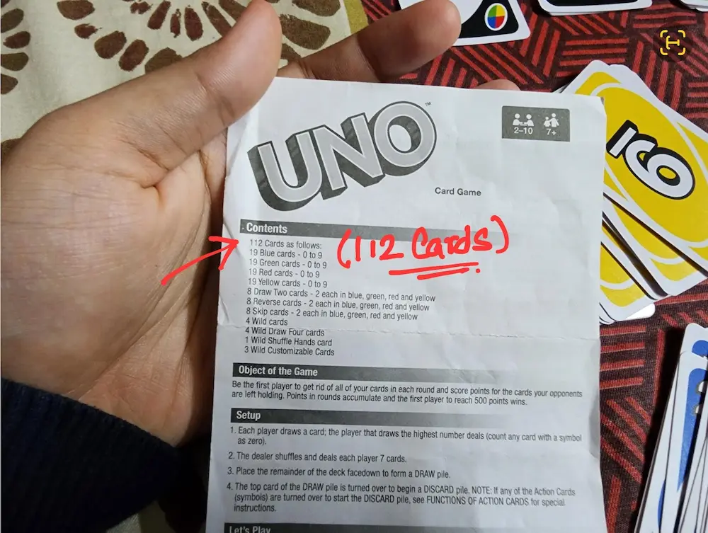 Uno instruction showing number of UNO cards