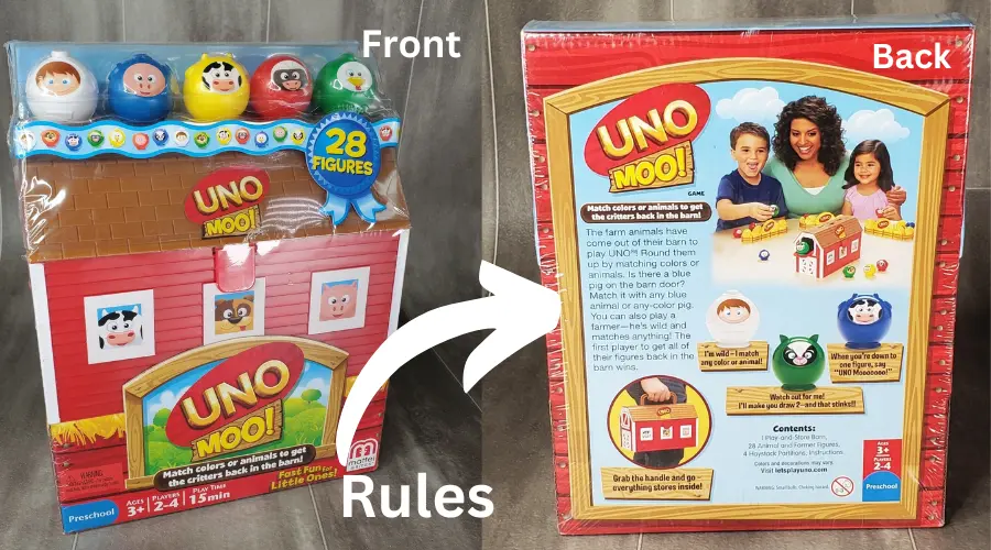 Image of UNO Moo Pack(Front & back) showing the rules