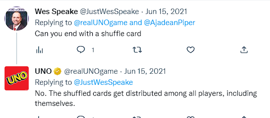 Tweet regarding Can we End UNO with Shuffle Hands as the Last Card