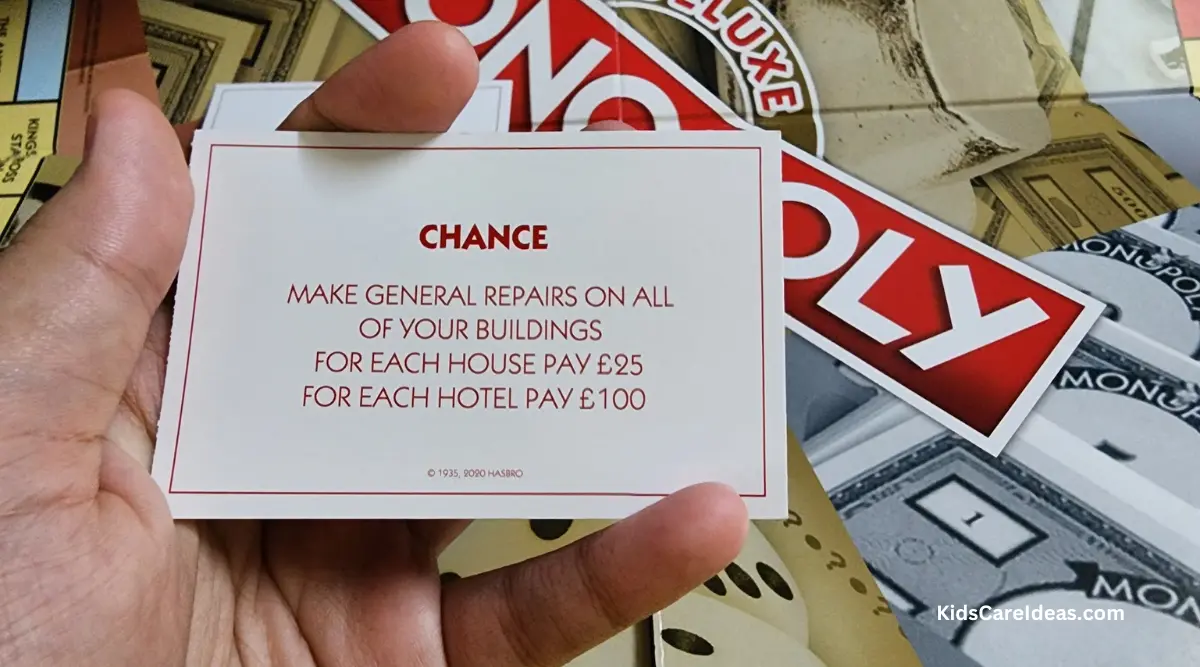 Image of Chance card which reads "Make General Repairs On all Of your Buildings For Each House Pay £25 for Each Hotel Pay £100"