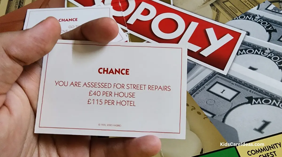 Image of Chance card which reads "You are Assessed for Street Repairs £40 per House £115 Per Hotel"