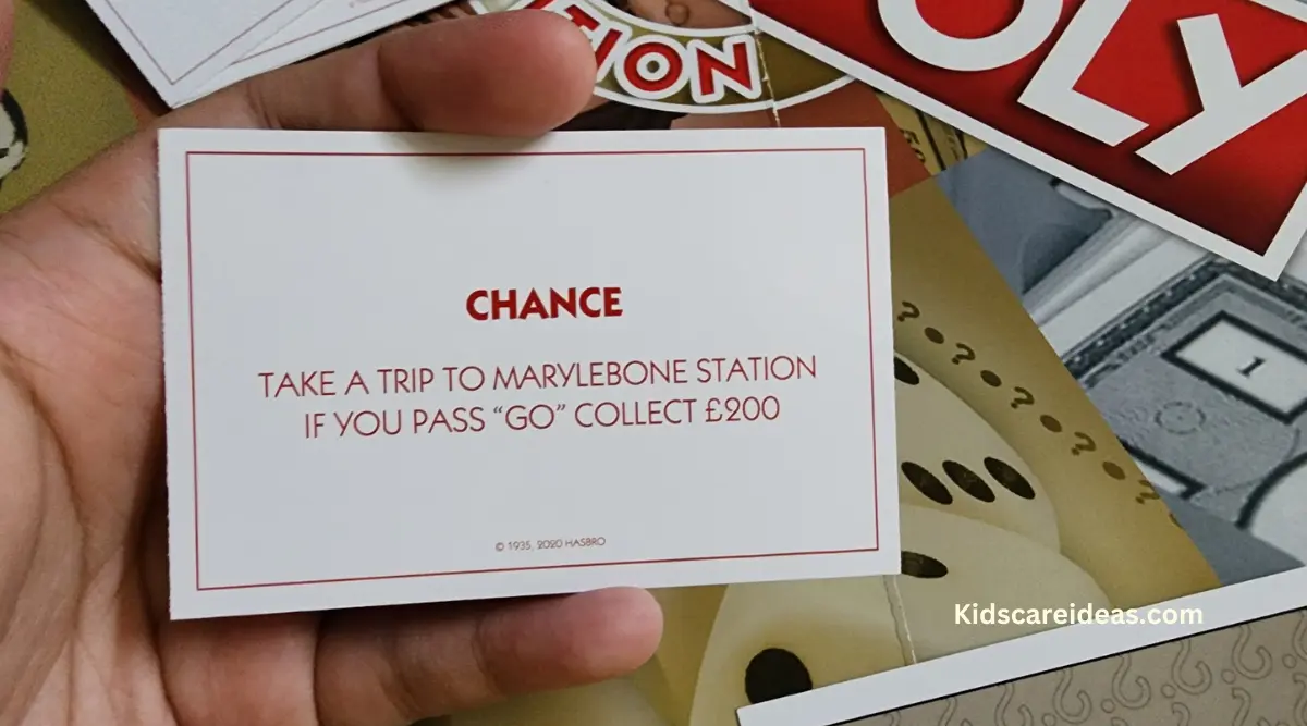 Image of Chance card which reads "Take a trip to Marylebone Station. If you pass "Go", collect £200"