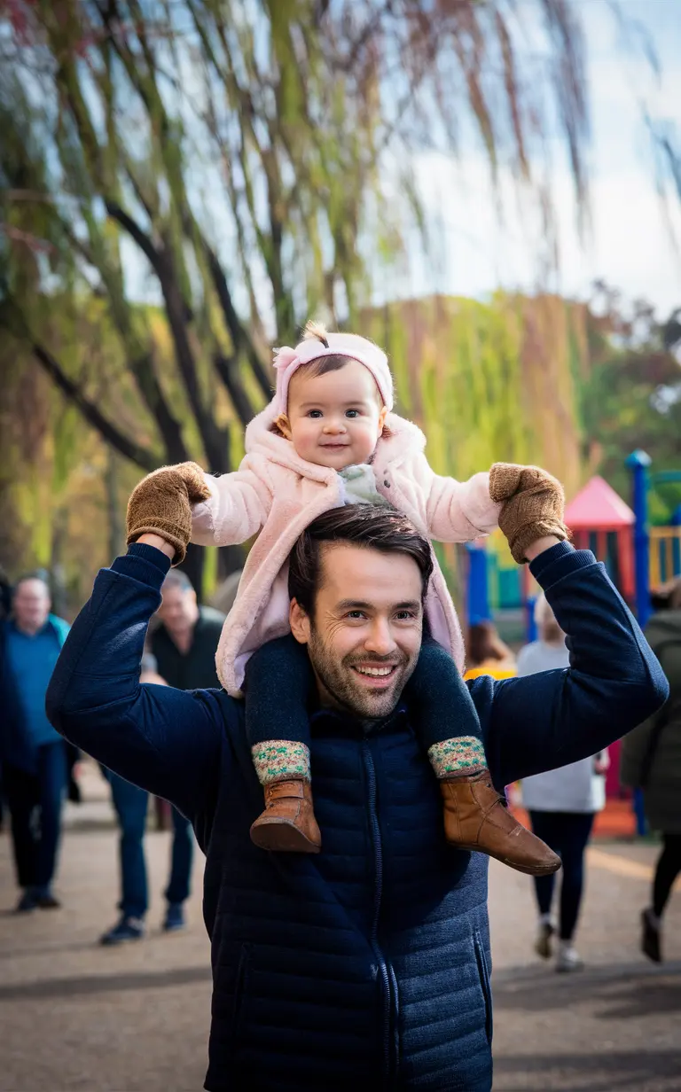 Flying high on dad's shoulders