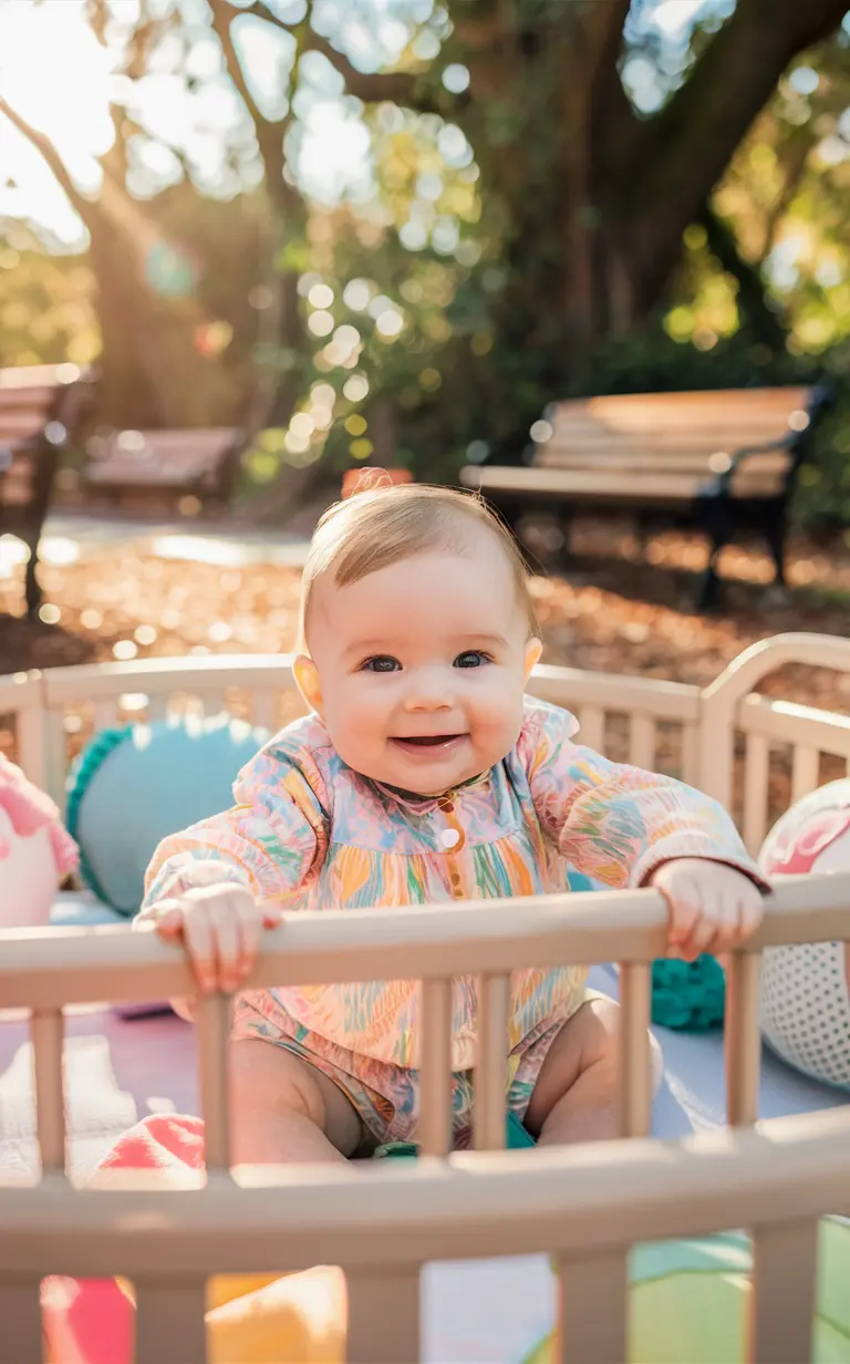 6 month old kid pose at at a Sunny park