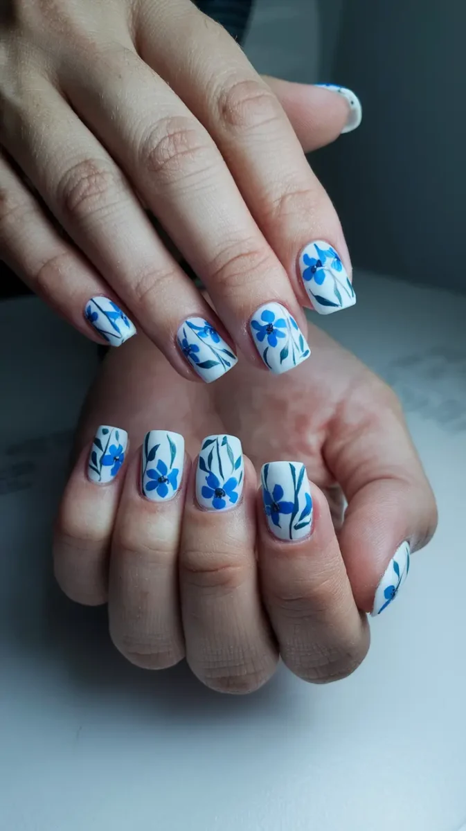 Floral Blue Accents on Nails