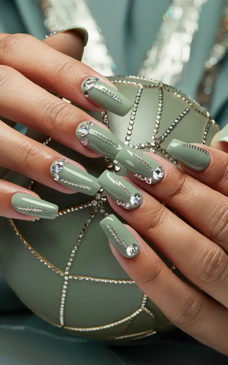 Sage Green Nail with Rhinestones