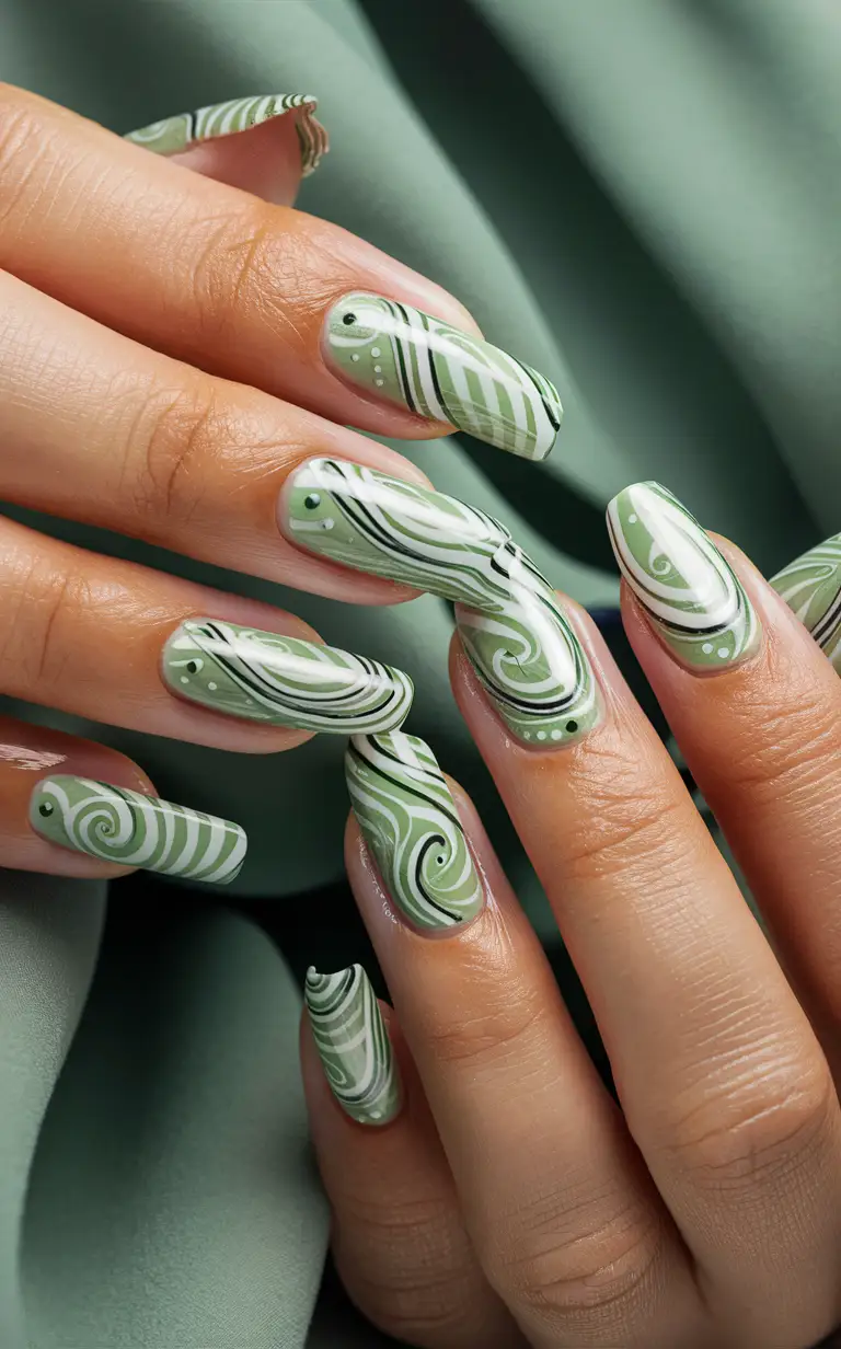 Sage Green nails with Swirls