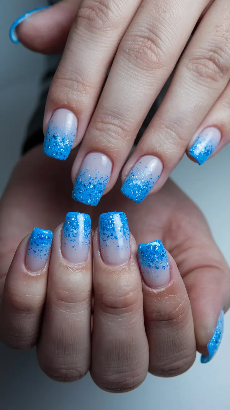 Sky Blue Glitter Ombré Nails