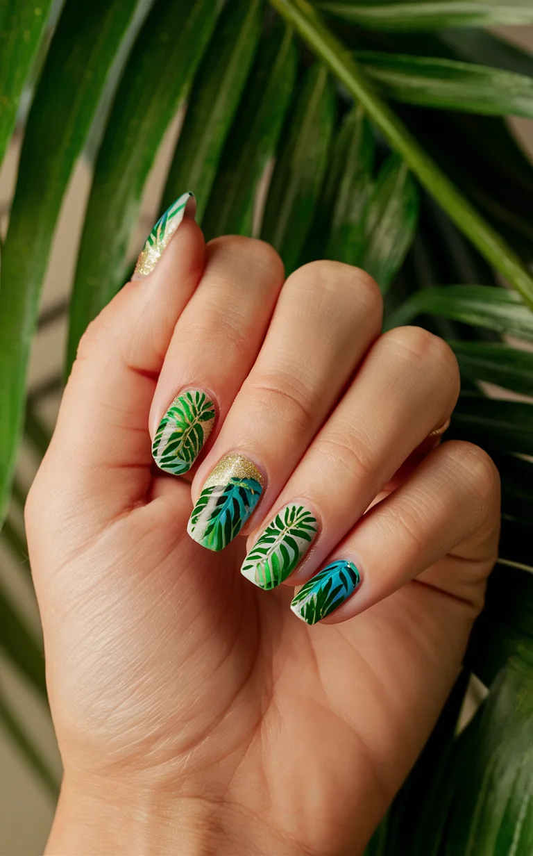 Tropical Leaf Art on short nails