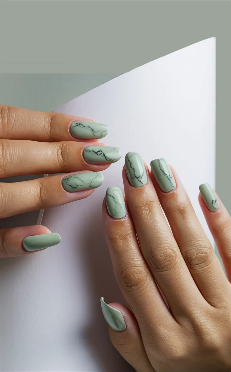 Sage Green Marble Nails