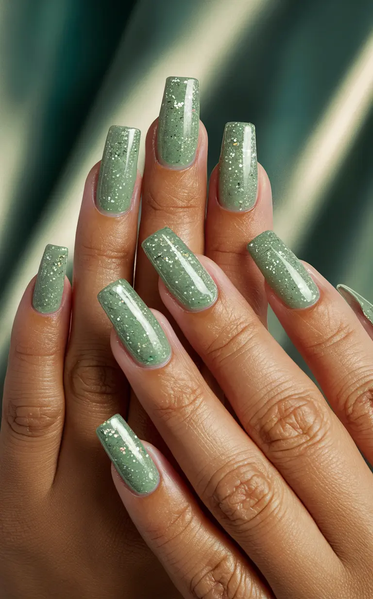 Sage Green Nail with Glitter Ombre