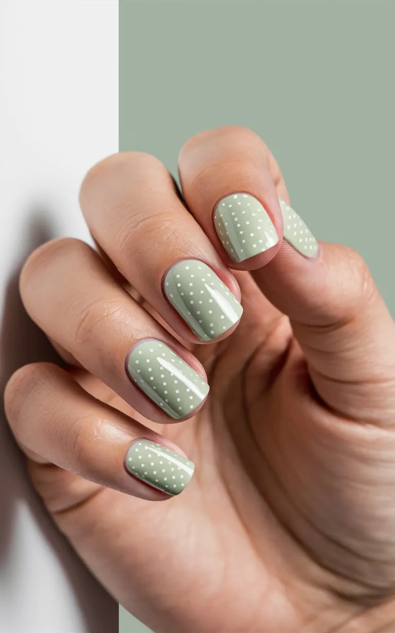 Sage Green Nails with Polka Dot Accent