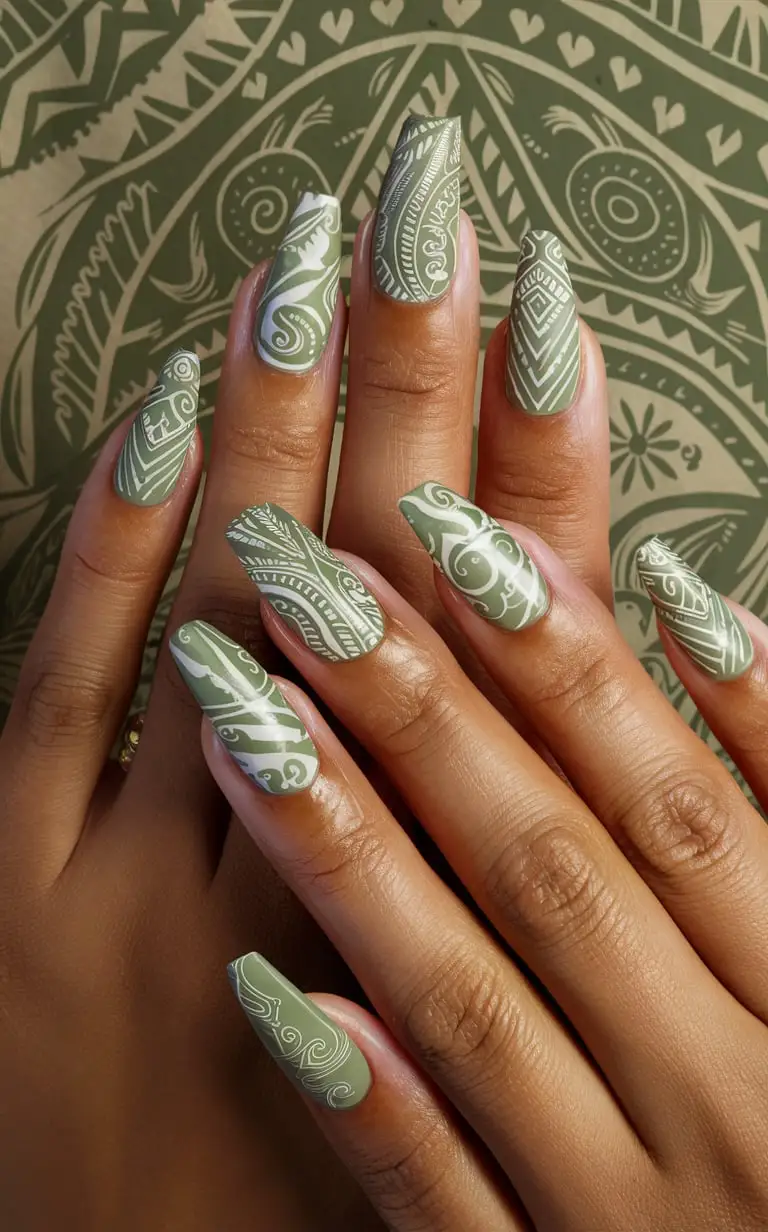 Sage Green Nail with Tribal Print