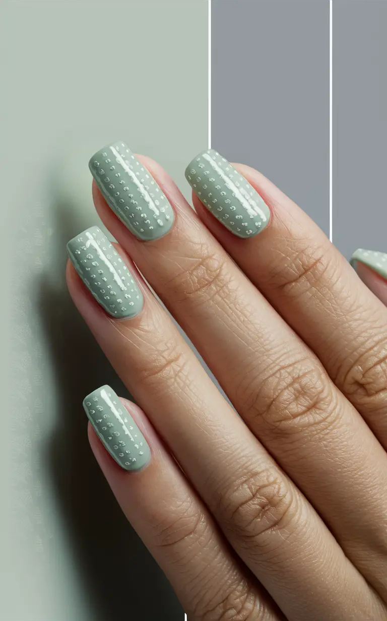 Sage Green Nails with White Dots