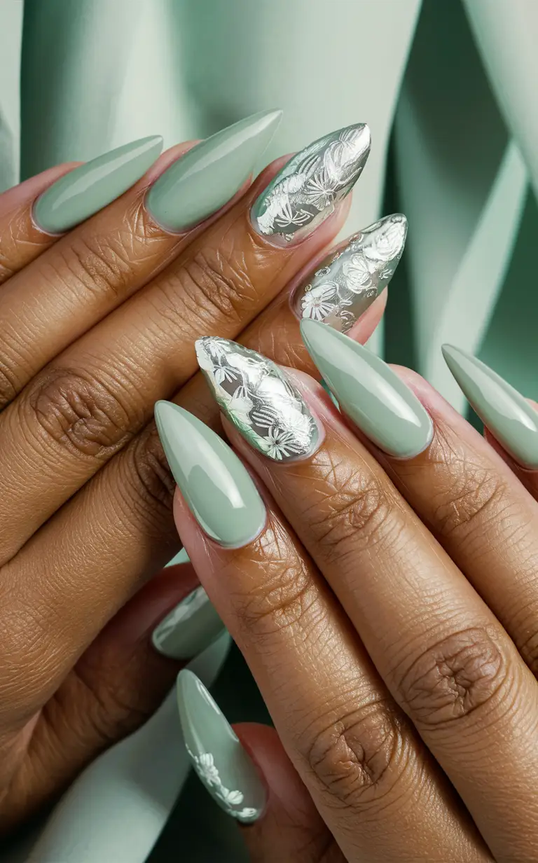 Sage Green Nails with Silver Foil