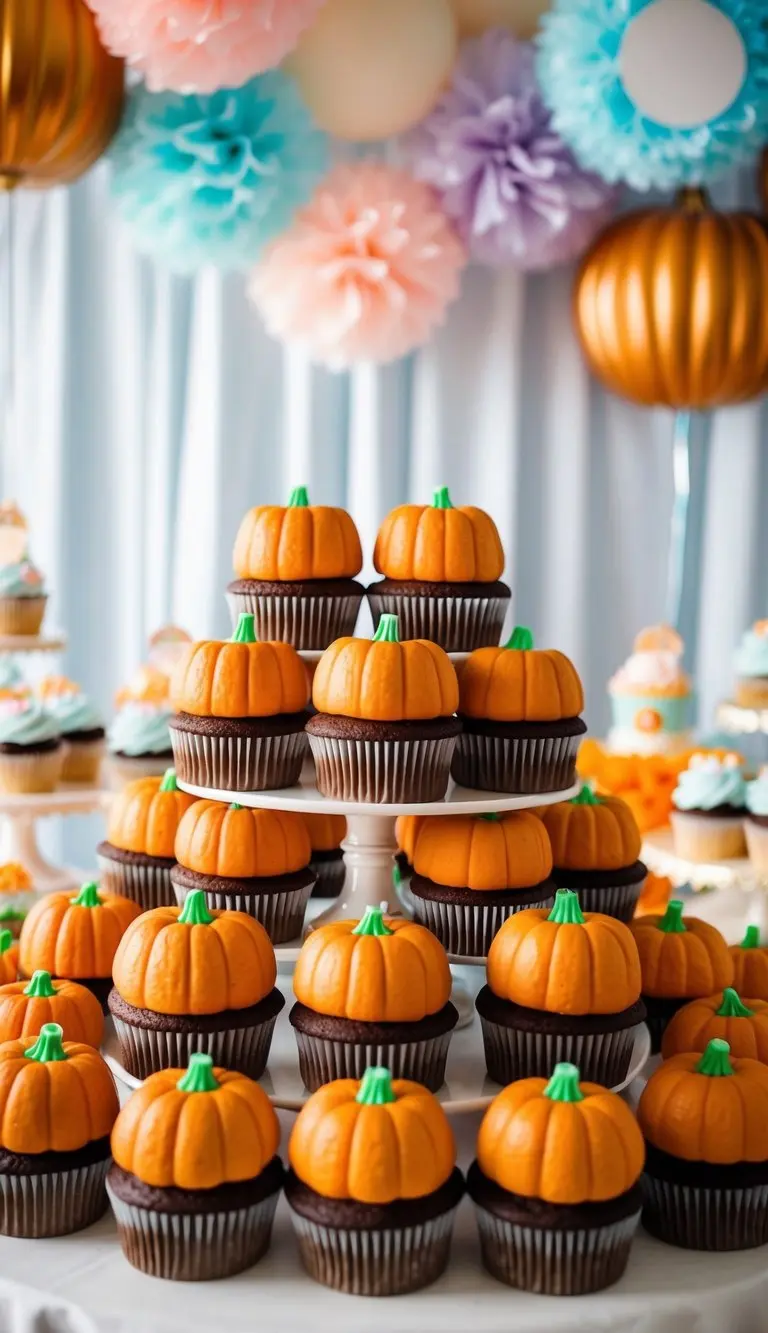 A table adorned with 24 pumpkin cupcakes, surrounded by baby shower decorations