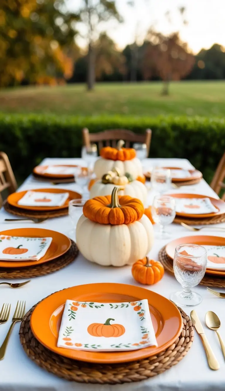 A table set with pumpkin motif napkins and 24 baby shower ideas featuring little pumpkins