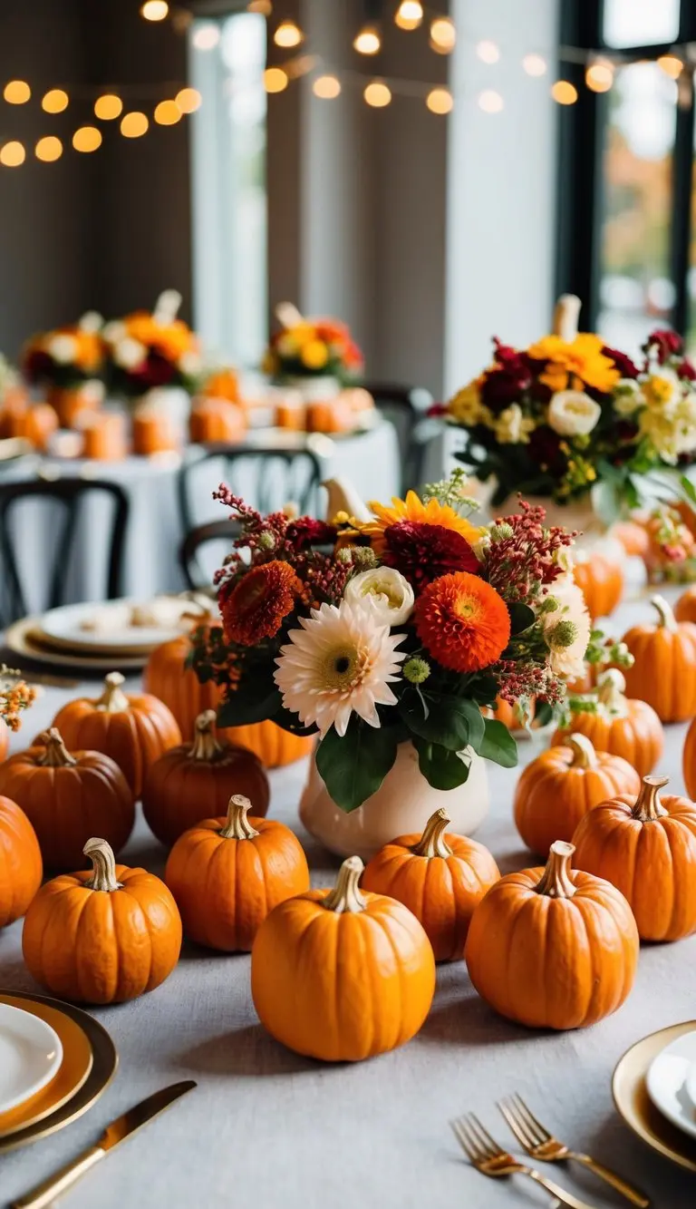 A table filled with small pumpkin floral arrangements, creating a festive and charming atmosphere for a baby shower celebration