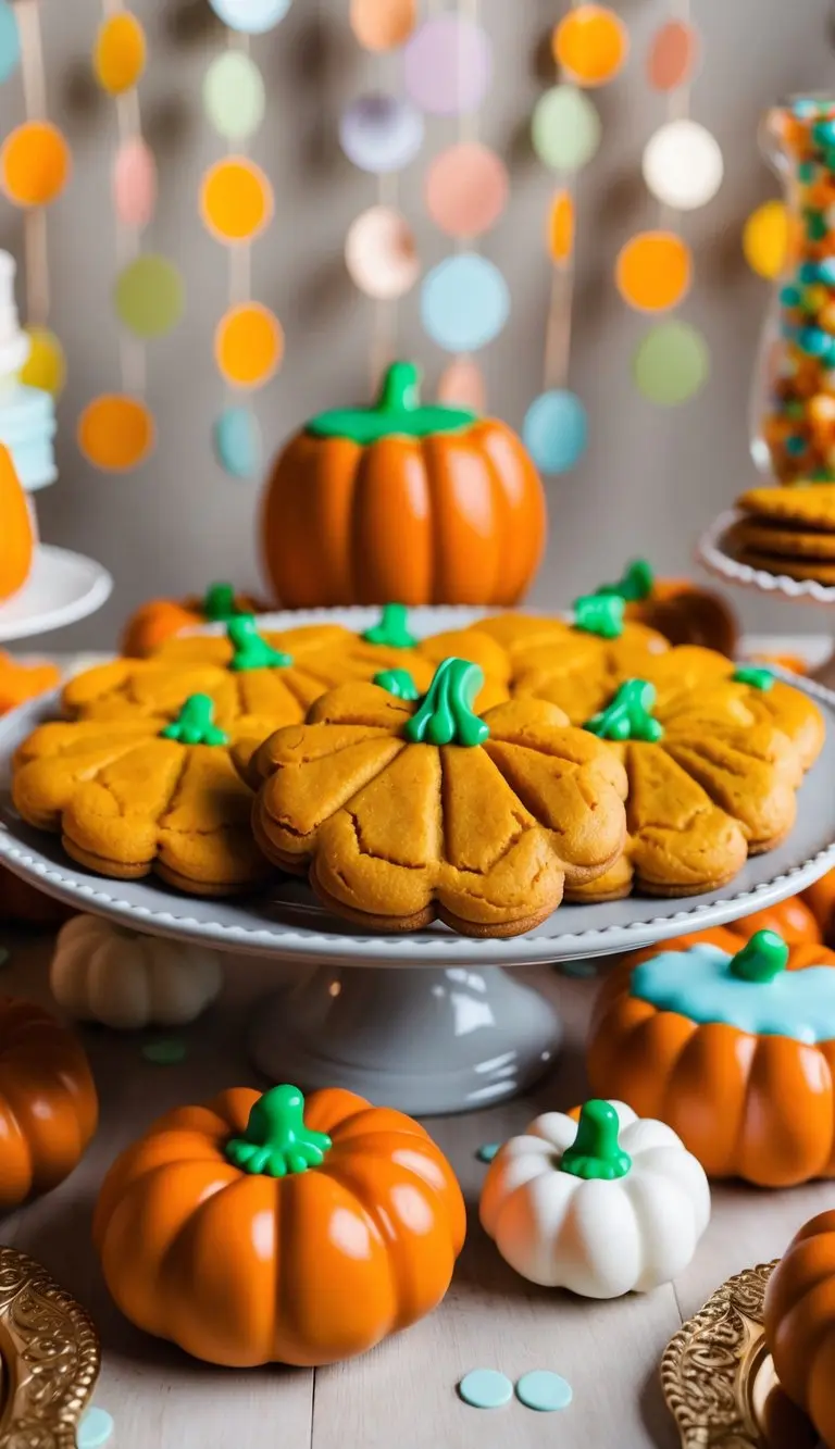 A platter of pumpkin-shaped cookies surrounded by baby shower decorations