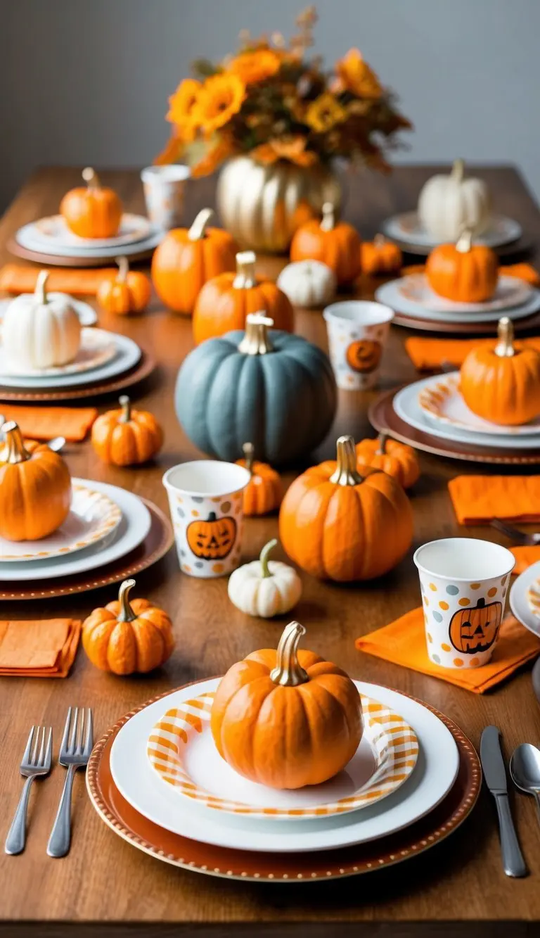 A festive table set with pumpkin-themed plates, cups, and napkins. Miniature pumpkins scattered around with 24 baby shower decor ideas displayed