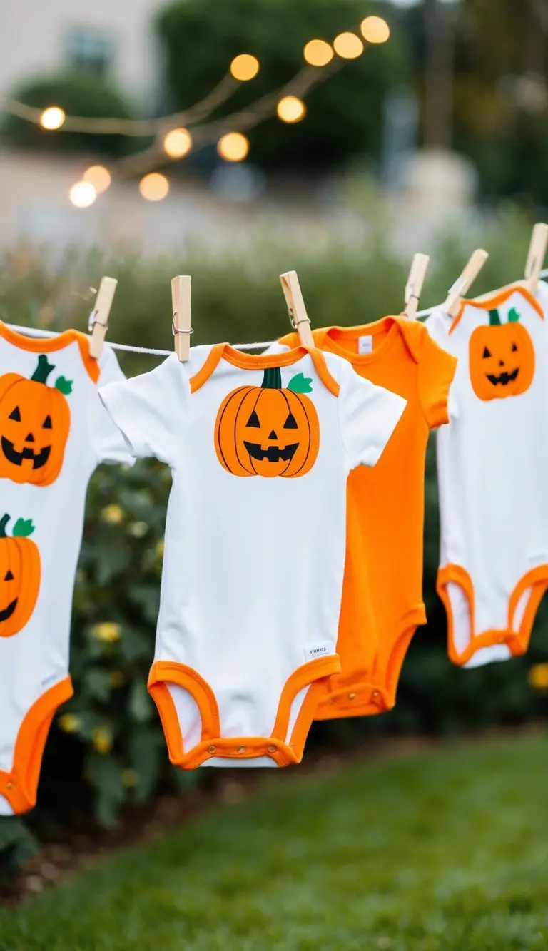 A group of tiny pumpkin-themed onesies displayed on a clothesline at a baby shower