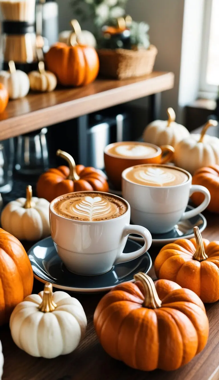 A cozy coffee bar with pumpkin spice lattes and 24 baby shower decor ideas featuring little pumpkins