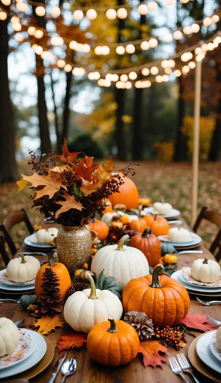 A table adorned with pumpkins, fall leaves, and baby shower decorations