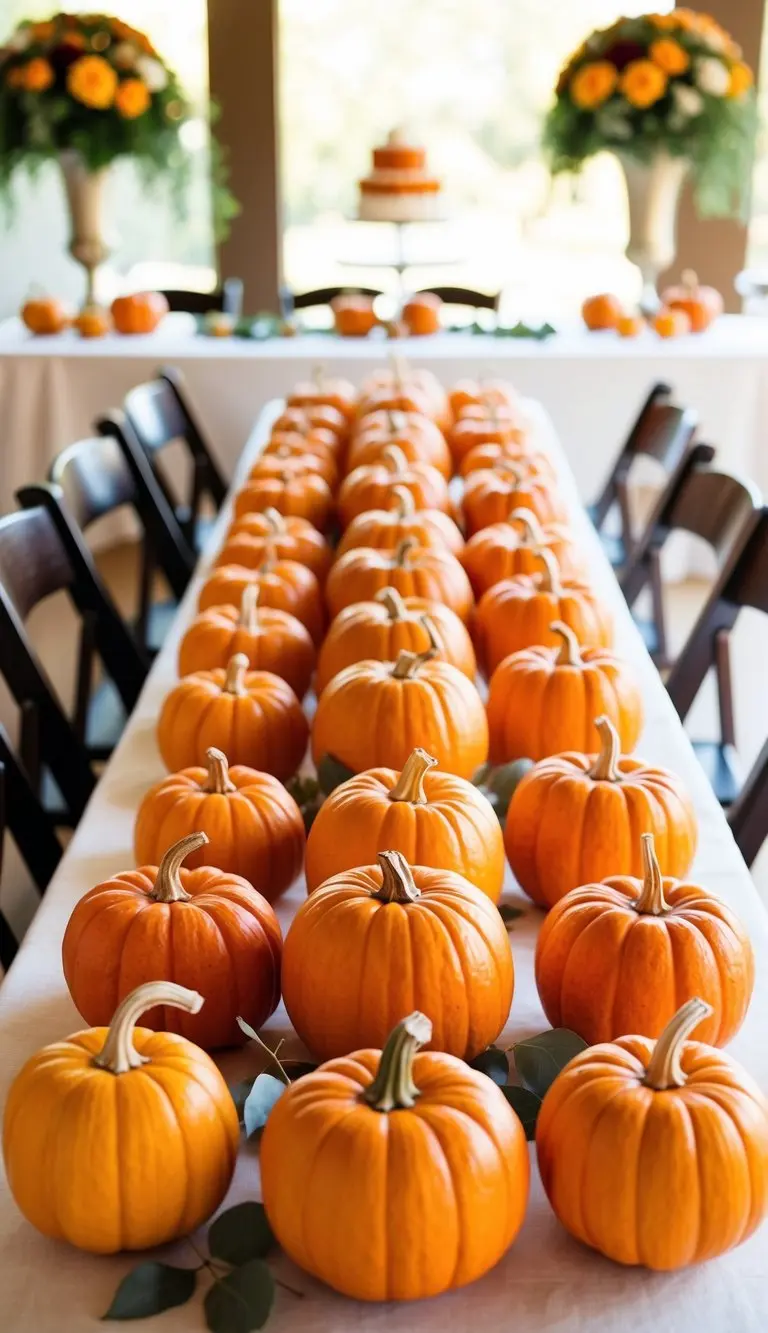 A table adorned with 24 small pumpkins, arranged as centerpieces for a baby shower