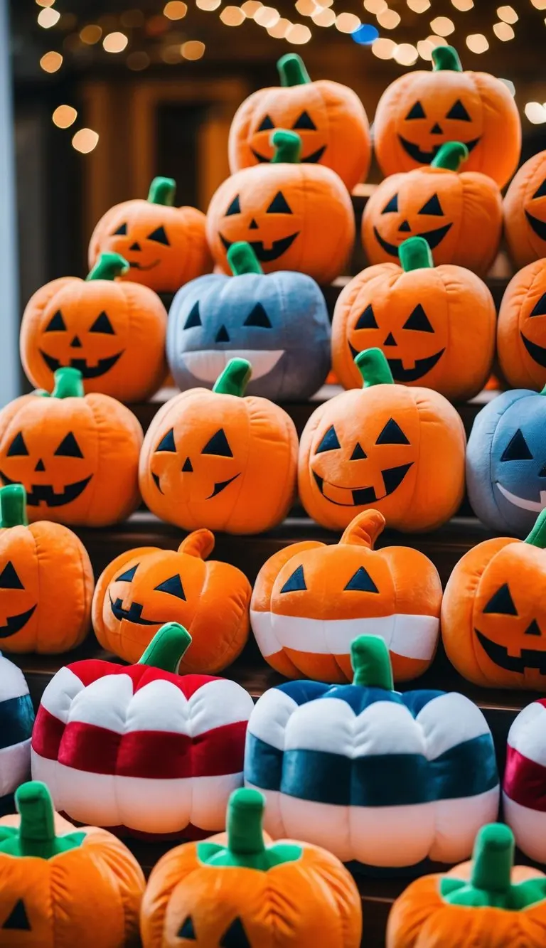 A collection of 24 pumpkin plush toys arranged in a festive baby shower display