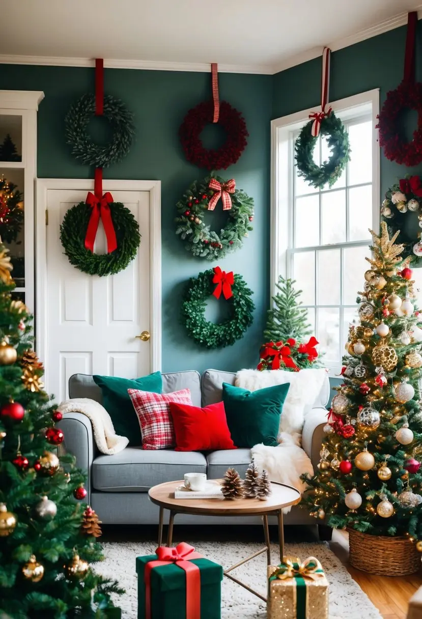 A cozy living room adorned with various Christmas wreaths, hanging on the walls, doors, and windows, each unique in design and color scheme