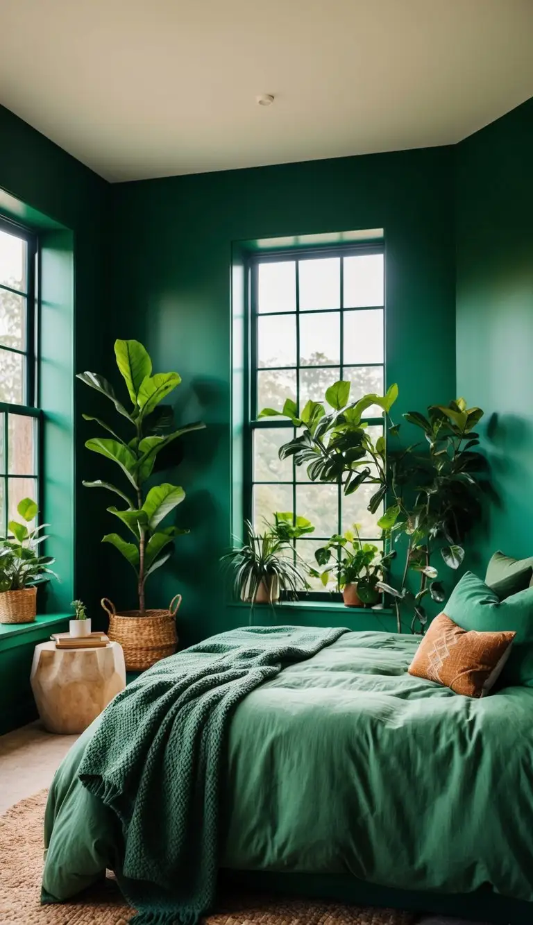 A cozy bedroom with green walls, leafy plants, and natural light streaming in through large windows. A plush bed with green bedding and earthy decor