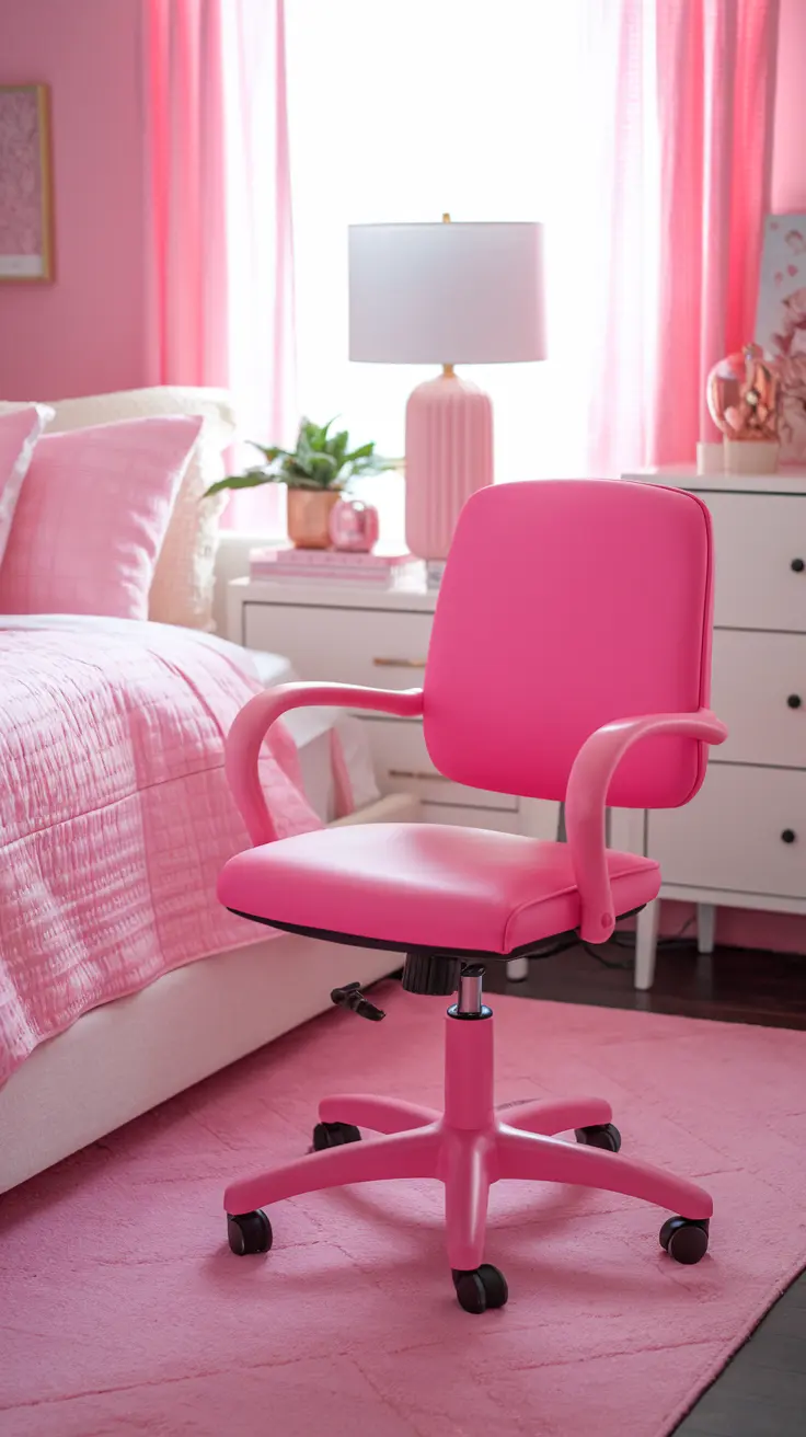 A bright pink desk chair sits in a cozy pink bedroom