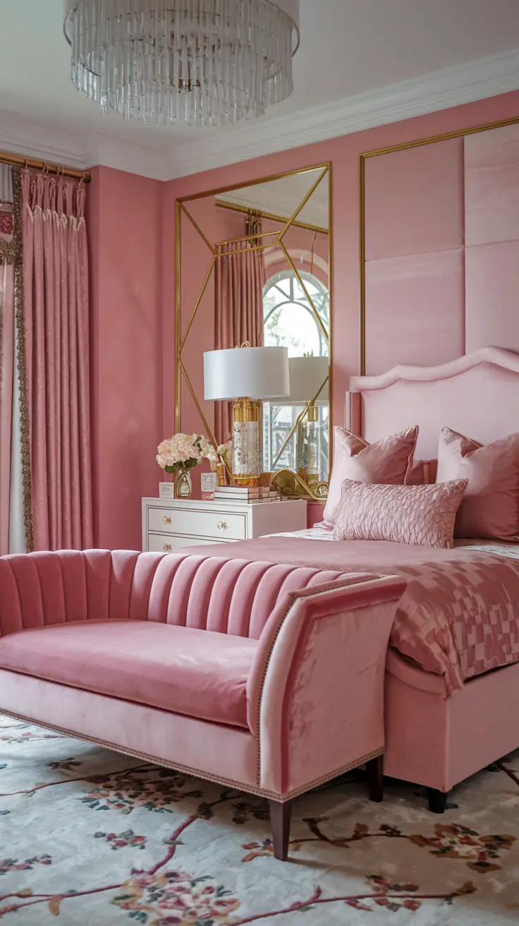 A cozy pink bedroom with plush velvet cushions in various shades of pink, creating a soft and inviting atmosphere