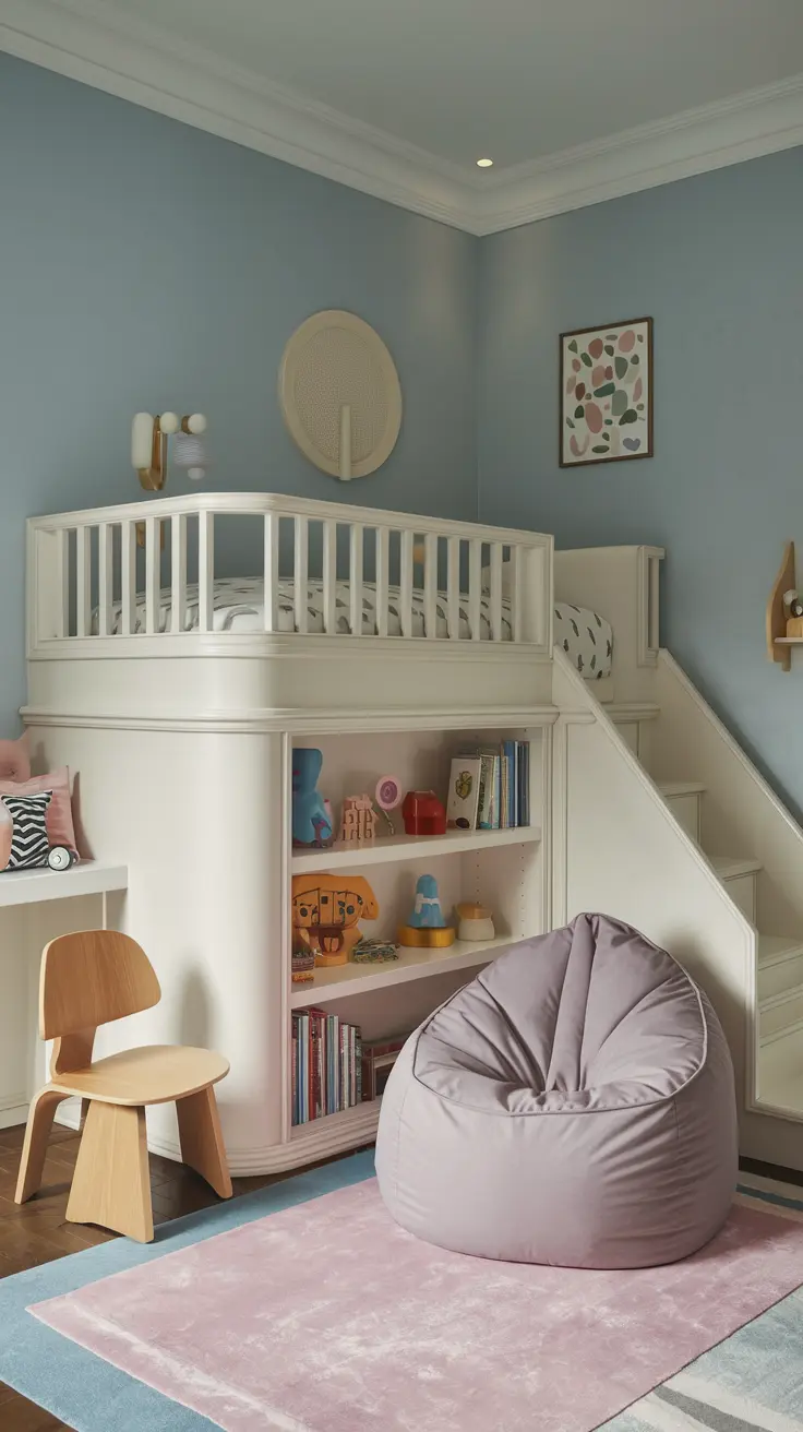 A cozy bean bag chair sits in the corner of a colorful kids' bedroom, surrounded by playful decor and toys