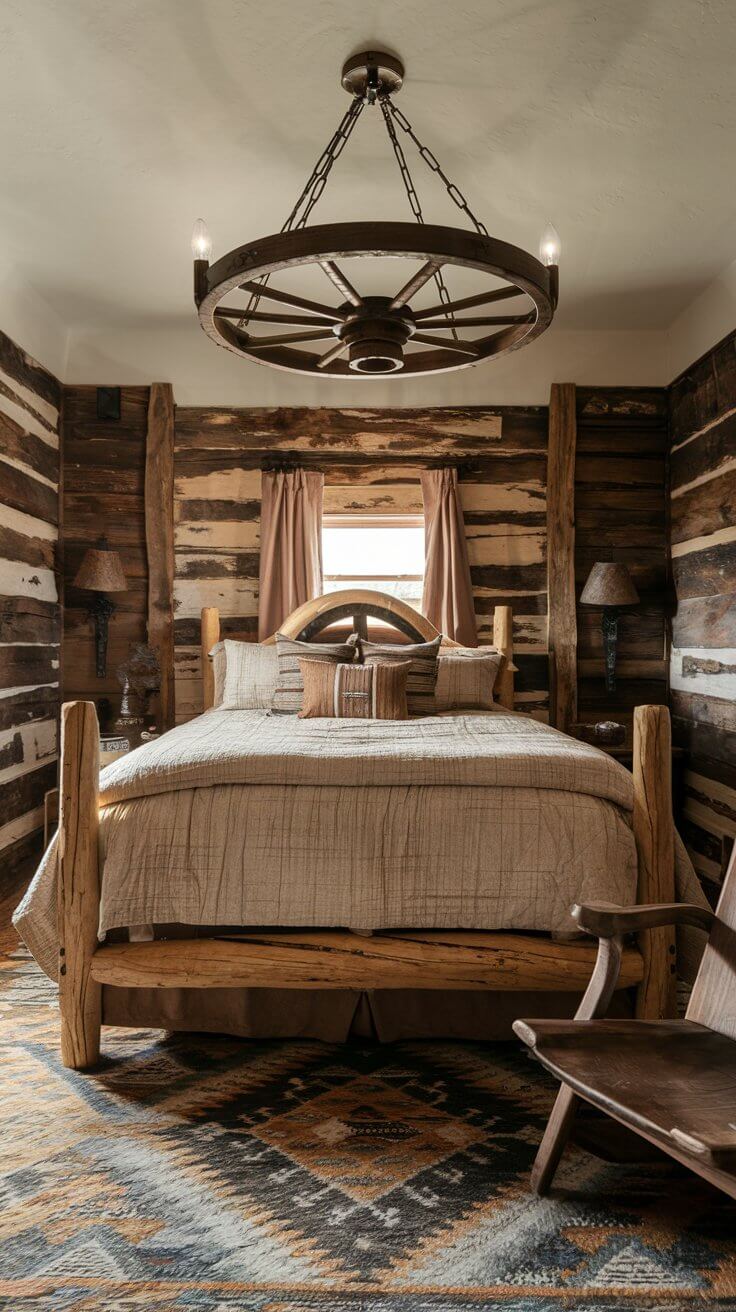 Antique wagon wheel chandelier hanging above a wooden bed in a western themed bedroom