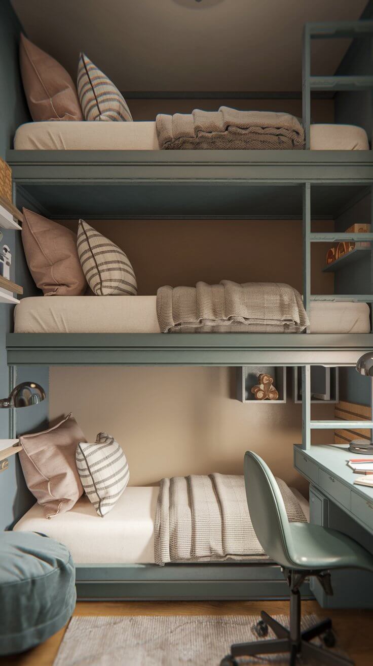 Two bunk beds in a small room, maximizing space. Decorative pillows and cozy blankets add a touch of comfort