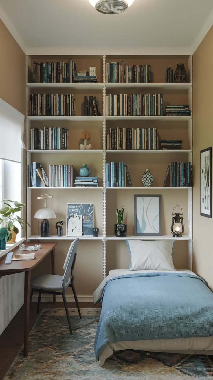 A cozy bedroom with compact bookshelves filled with 23 creative ideas for small rooms. The shelves are neatly organized and adorned with decorative items