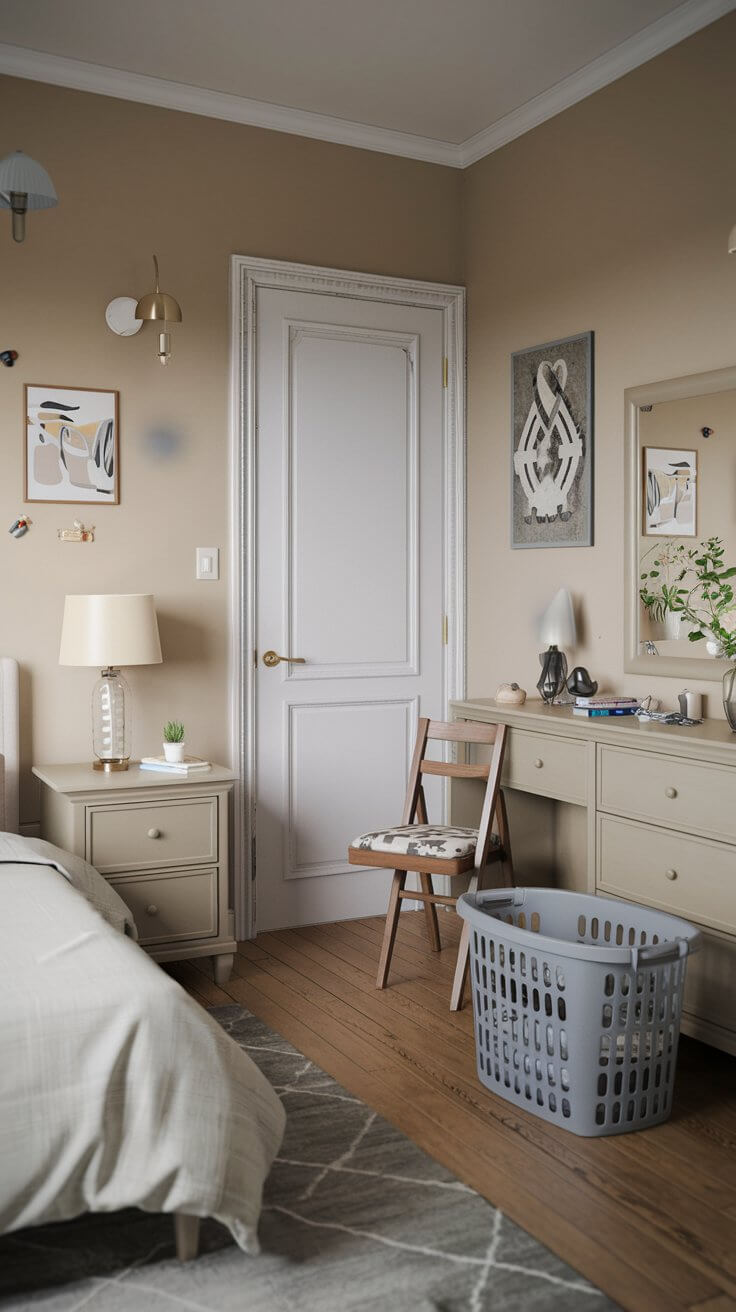 A foldable laundry basket sits in a small bedroom, surrounded by 23 ideas for maximizing space