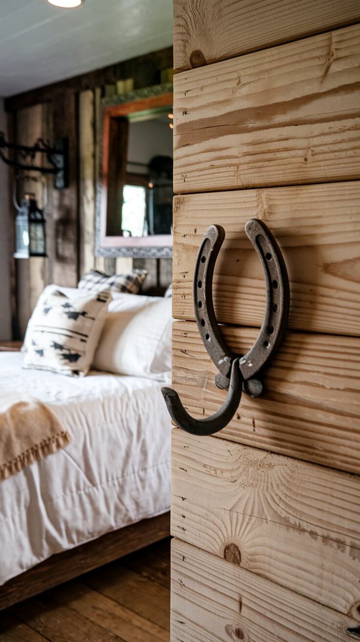 A rustic horseshoe wall hook mounted on a wooden wall in a western-themed bedroom.