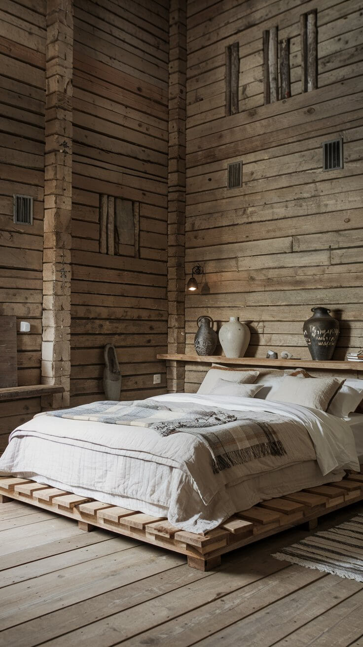 A cozy rustic farmhouse bedroom with wooden walls, a bed with layered linens, and decorative pottery.