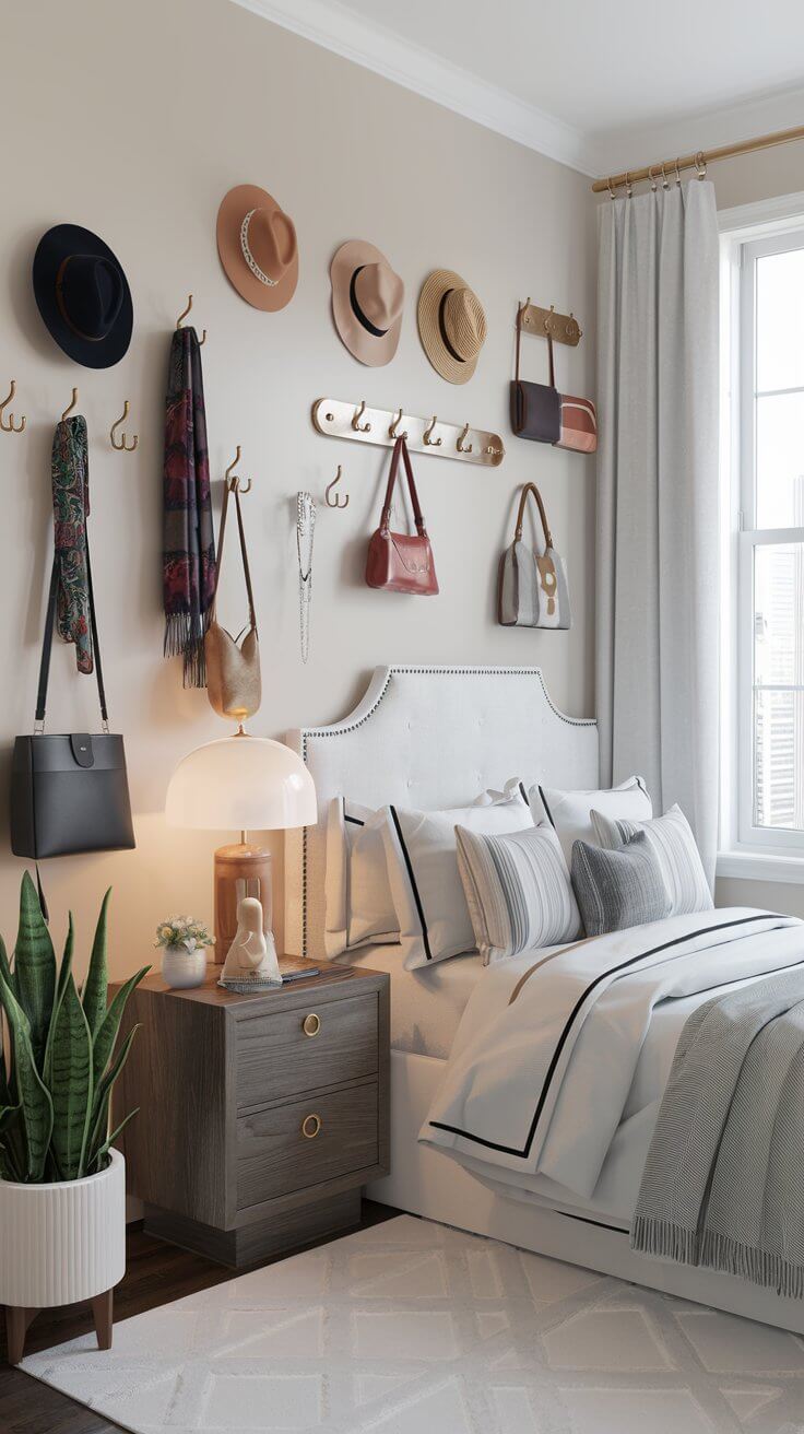 A small bedroom with 23 wall hooks displaying various items like hats, scarves, jewelry, and bags. The room is tidy and well-organized