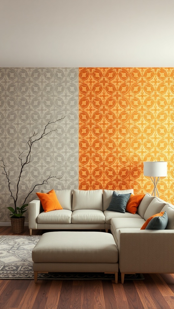 Living room with an orange accent wall featuring patterns, gray wall, and modern furniture