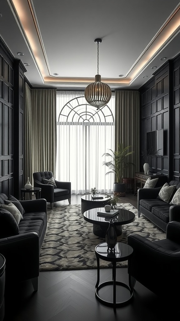 Art Deco inspired black living room featuring black walls, plush furniture, and a unique pendant light.