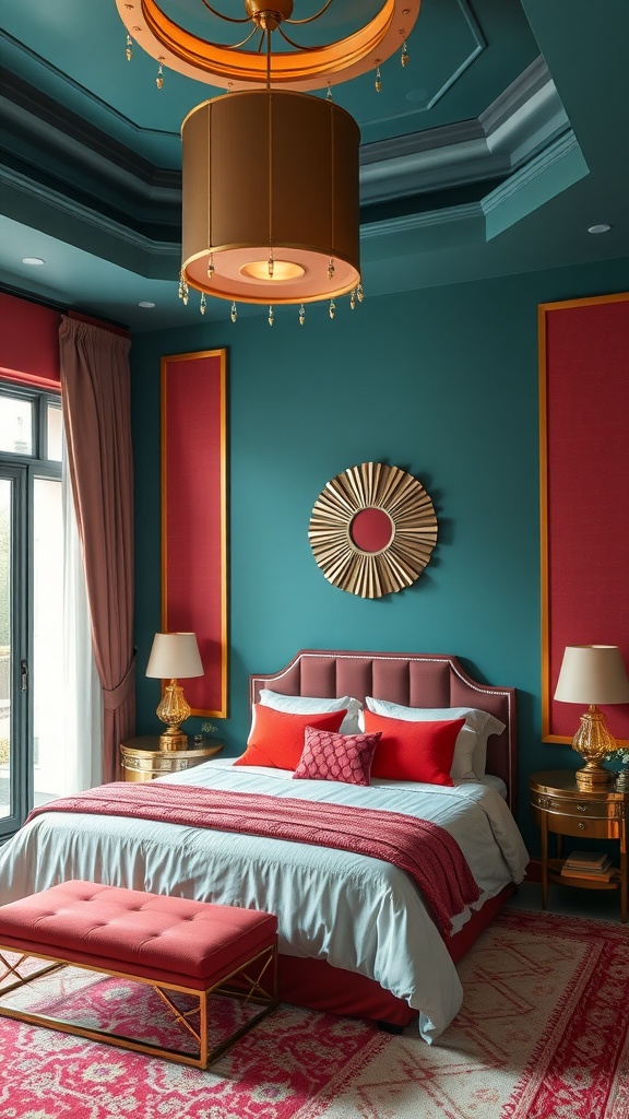 A stylish bedroom featuring a red bed, teal walls with gold accents, and elegant decor.